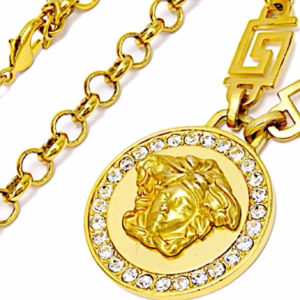 Authentic Vintage Versace Medusa Crystal Medallion Greco Chain Necklace - Picture 2 of 9